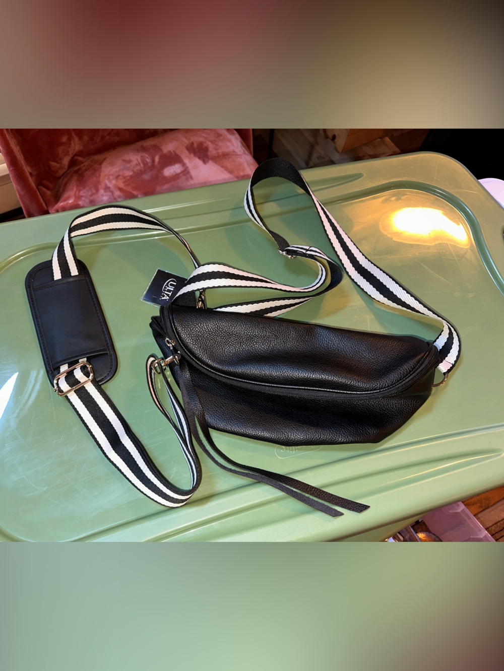 Ulta Beauty Black Pebble Leather Crossbody/Fanny Pack with Striped Strap